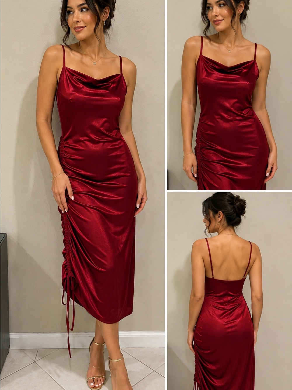 Red Satin Cowl Neck Spaghetti Strap Midi Dress